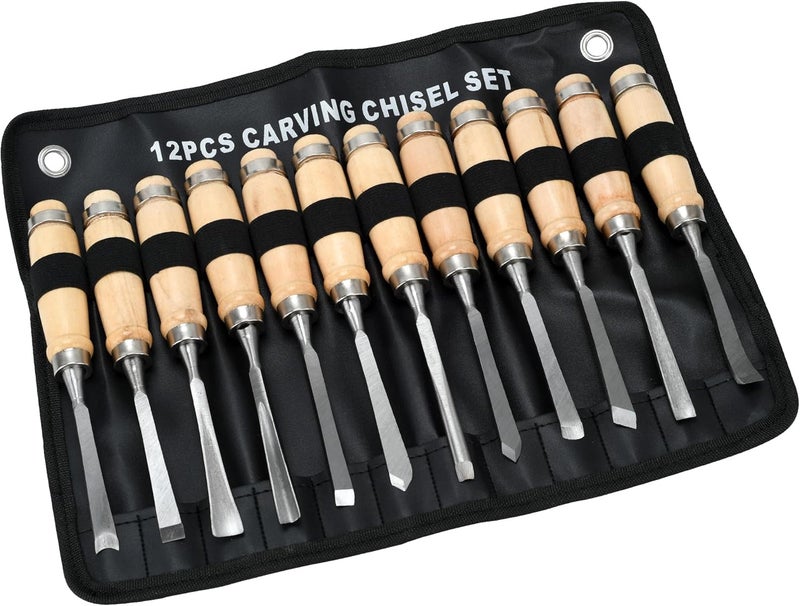 MFBJXC 12 Pieces Wood Chisel Set,Home Wood Carving Tools With Steel Hammer End, Professional Wood Gouge Turning Tools For Craftsman Carpenter Beginners, For Precision Carving & Diy Projects - Image 1